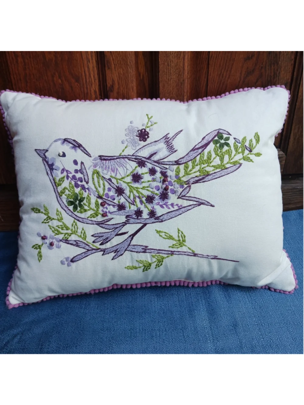 Contemporary Embroidered Bird Pillow Floral Purple Green 15x12 Polka Dot Decor